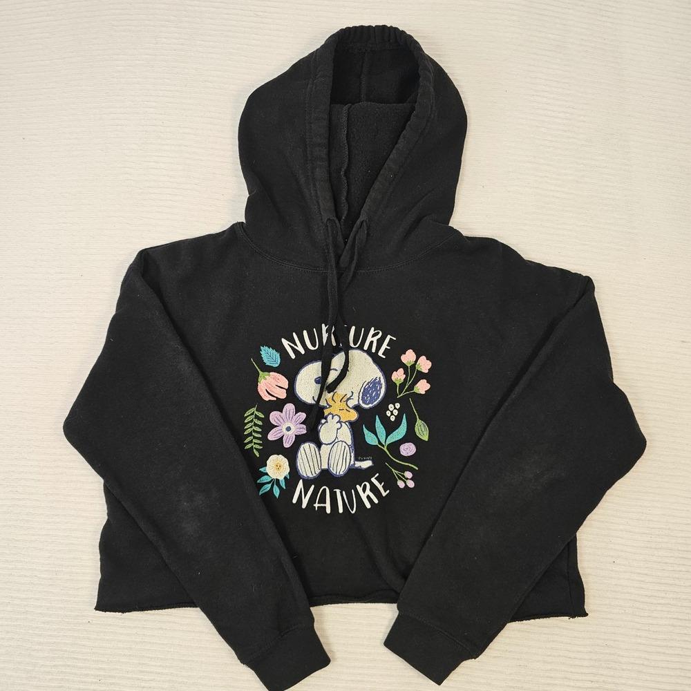 Peanuts Snoopy Nurture Nature Cropped Hoodie Black Graphic Sweatshirt Woodstock